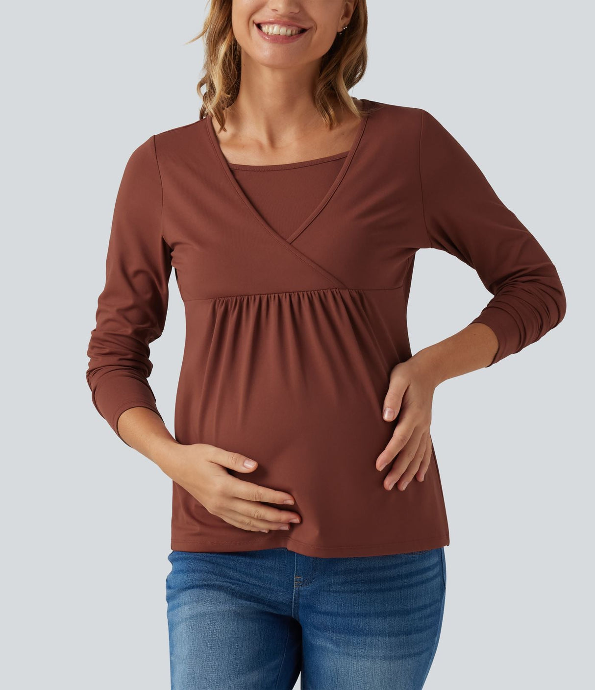 Boat Neck Long Sleeve Crossover Casual Maternity Top