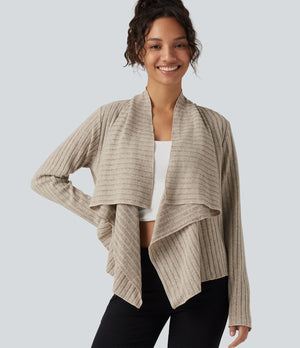 Ribbed Knit Collared Open Front Long Sleeve Casual Cardigan