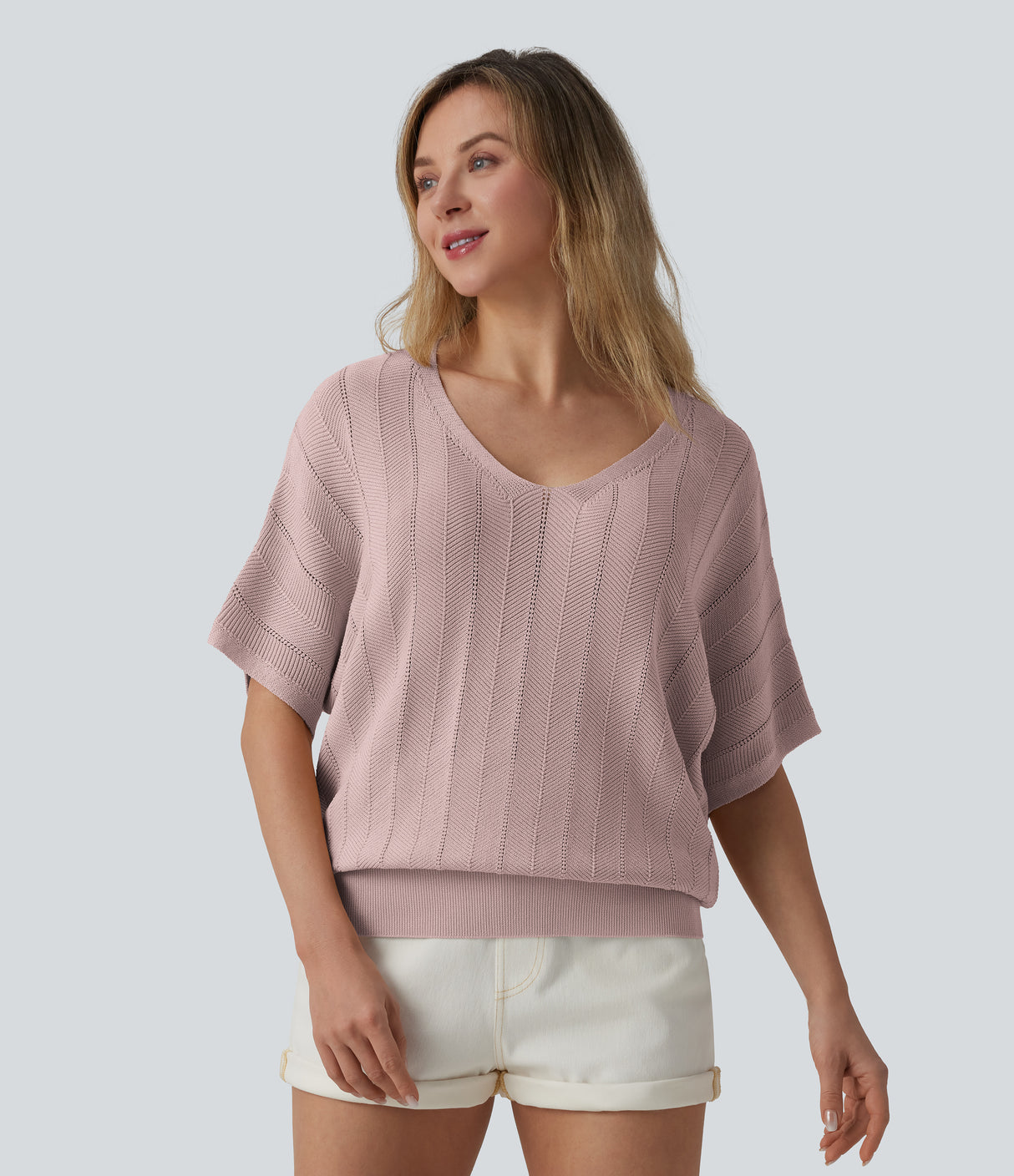V Neck Short Sleeve Casual Sweater