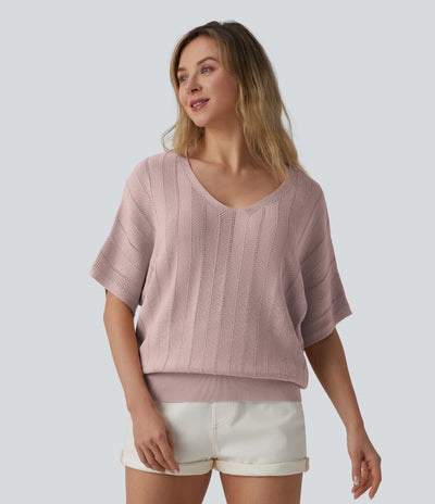 V Neck Short Sleeve Casual Sweater