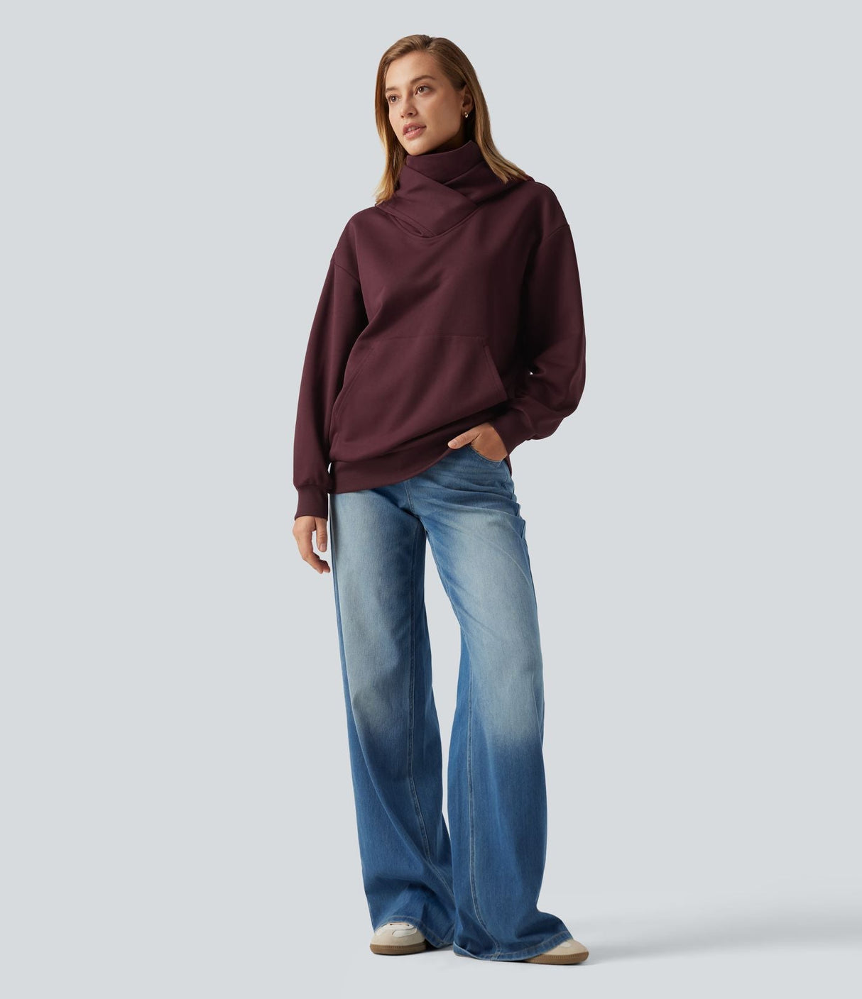 Hooded Dropped Long Sleeve Fleece Sweatshirt with Pocket