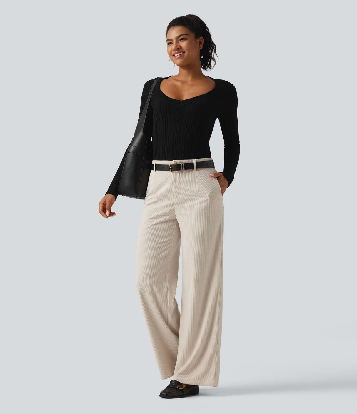 Mid Rise Wide Leg Corduroy Casual Pants with Pockets