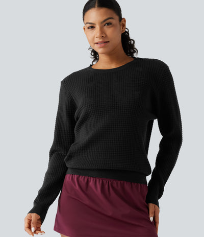 Round Neck Long Sleeve Waffle Casual Sweater