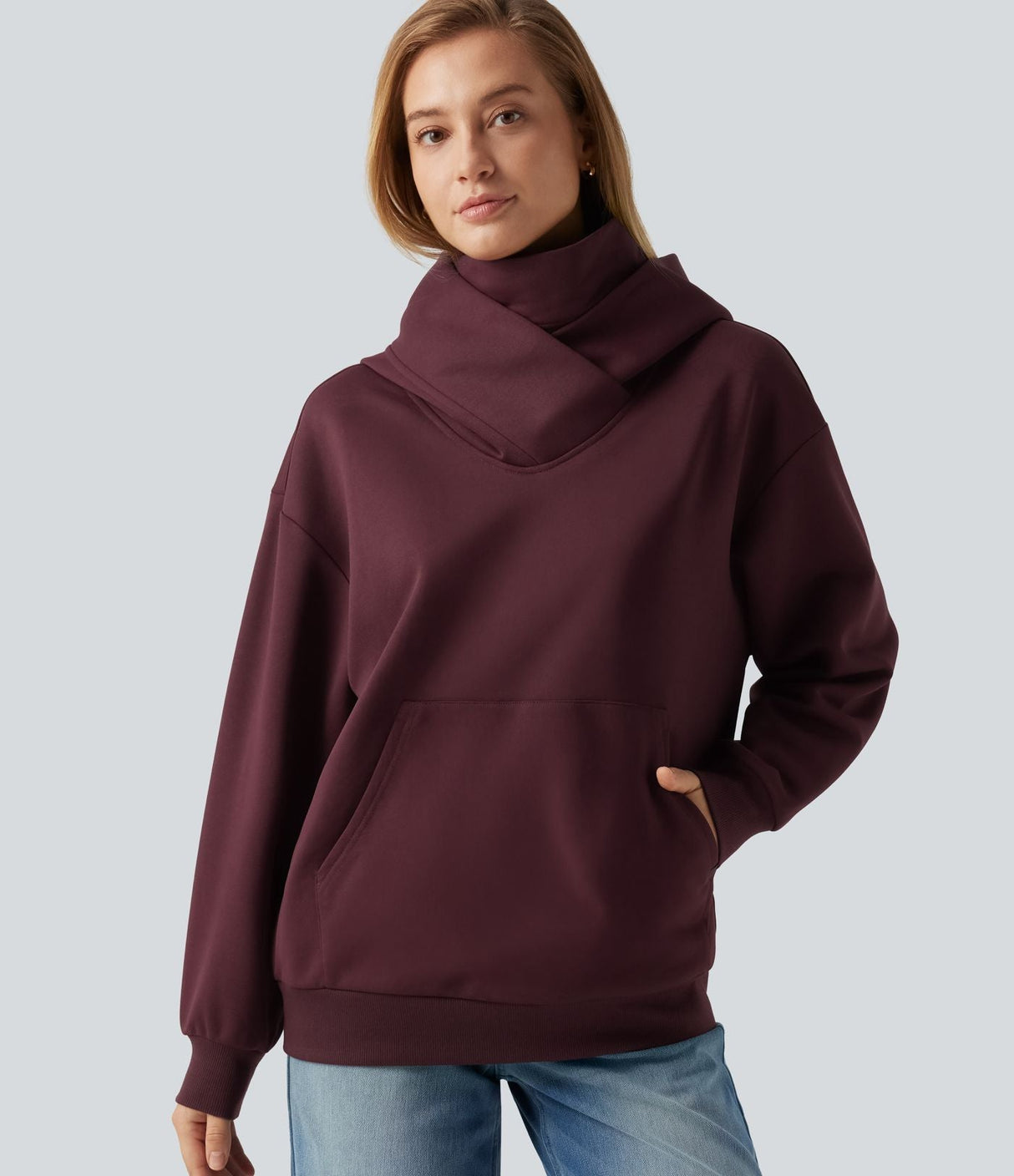 Hooded Dropped Long Sleeve Fleece Sweatshirt with Pocket