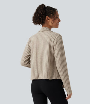 Ribbed Knit Collared Open Front Long Sleeve Casual Cardigan