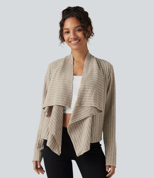 Ribbed Knit Collared Open Front Long Sleeve Casual Cardigan