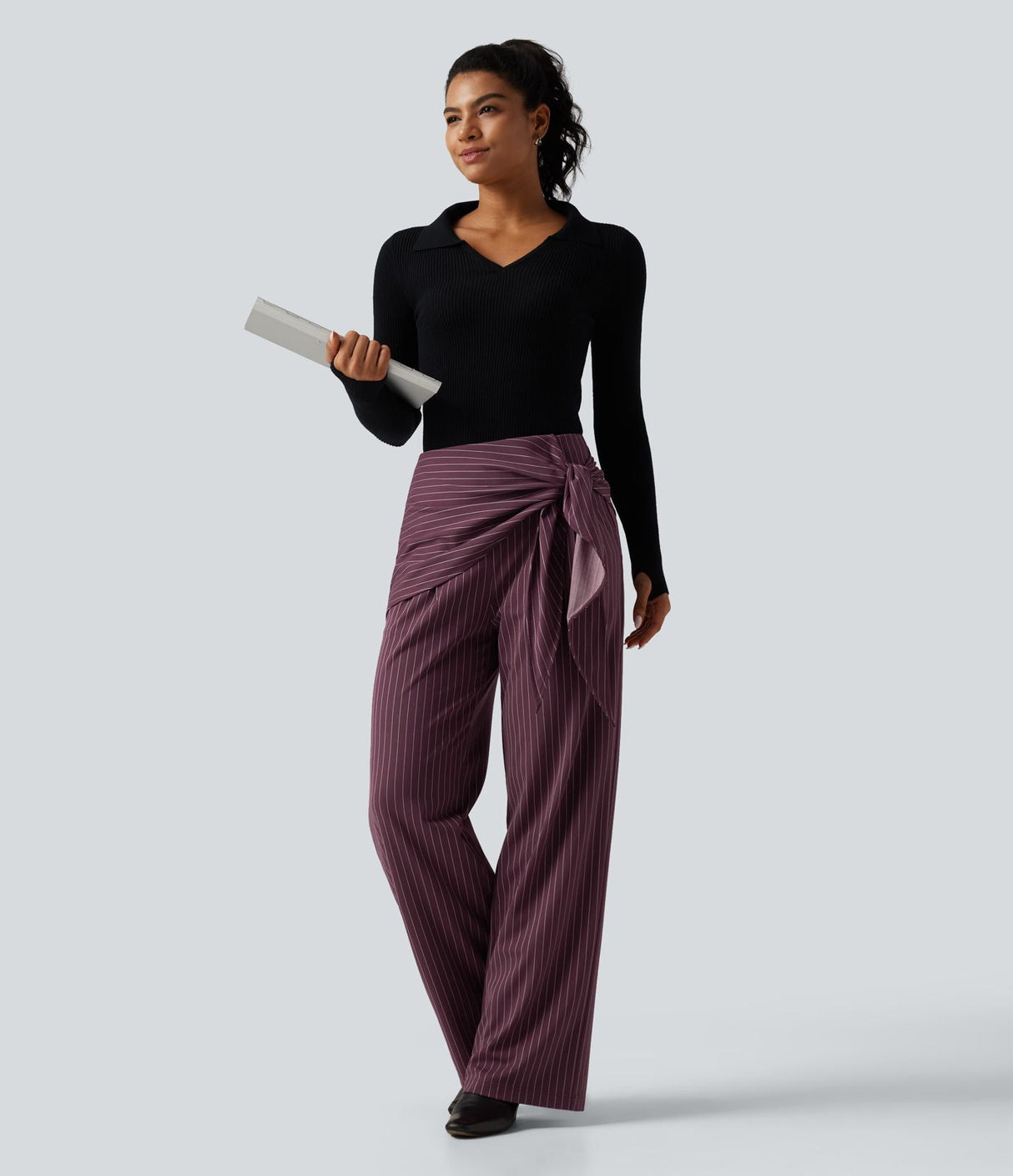 High Waisted Wide Leg Stripe Work Pants with Pockets