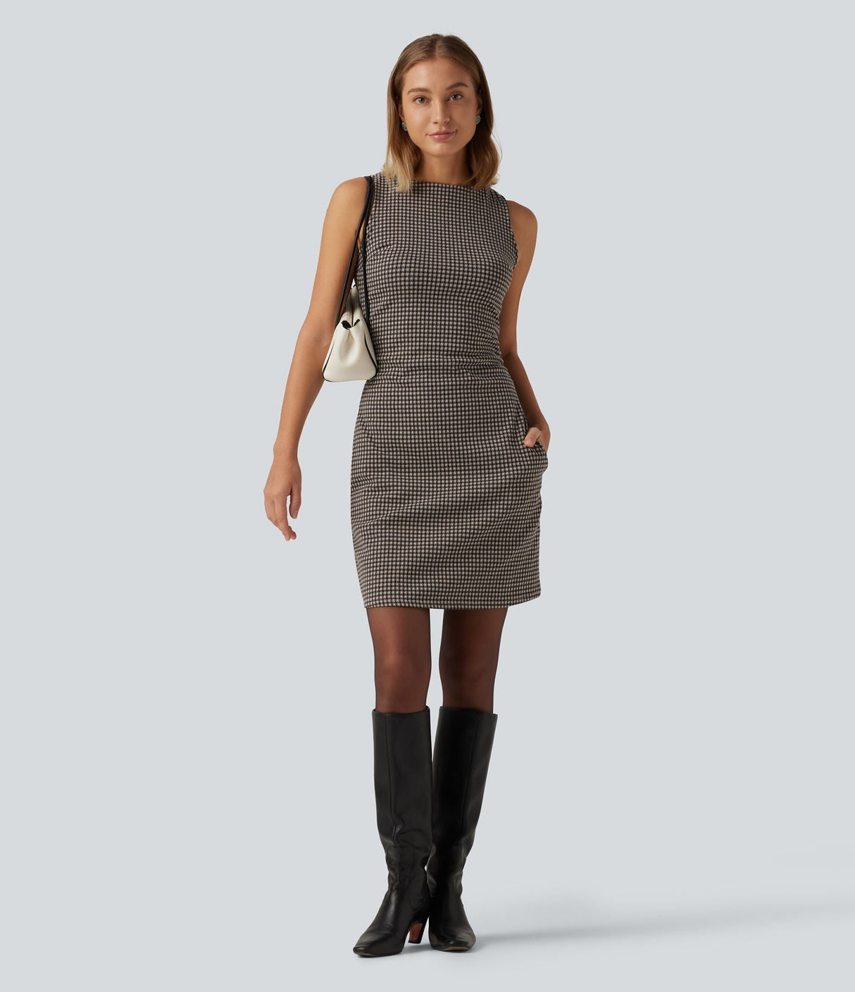 Boat Neck Sleeveless Gingham Casual Mini Dress with Pockets