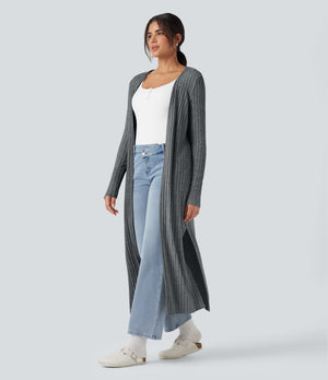 Ribbed Knit Long Sleeve Split Casual Longline Cardigan