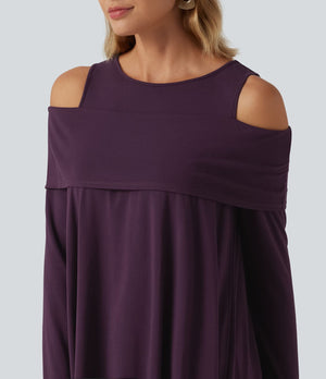 Round Neck Cold Shoulder Long Sleeve Casual Top