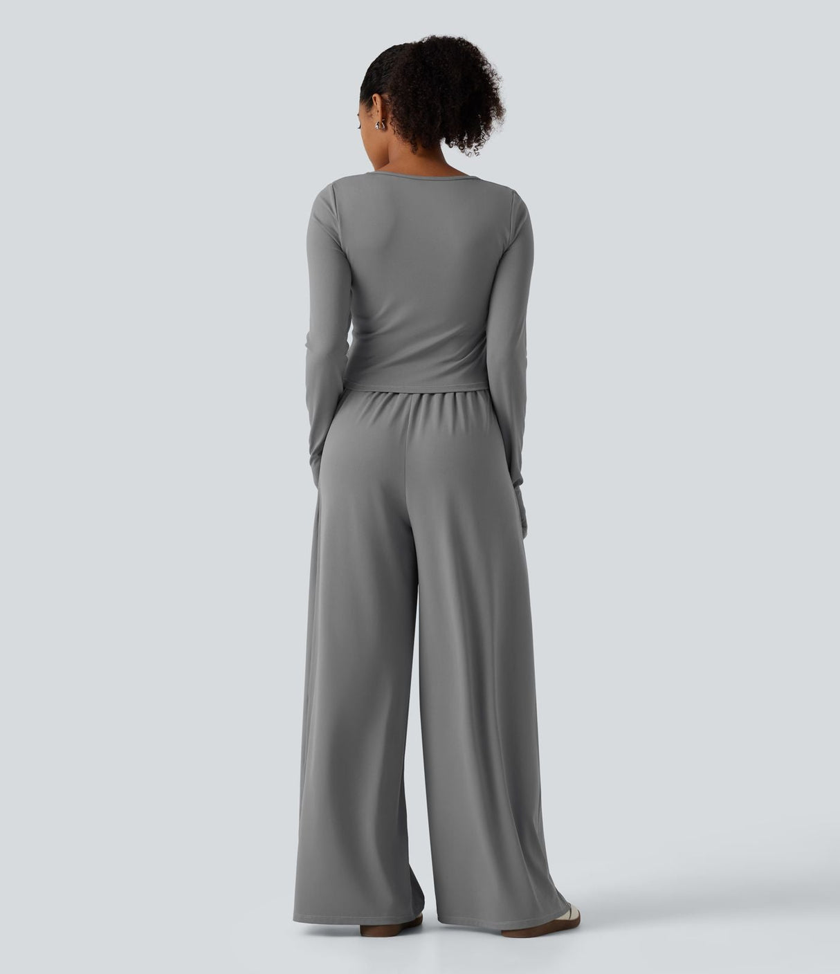 U Neck Long Sleeve Thumb Hole Wide Leg Jumpsuit