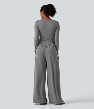 U Neck Long Sleeve Thumb Hole Wide Leg Jumpsuit
