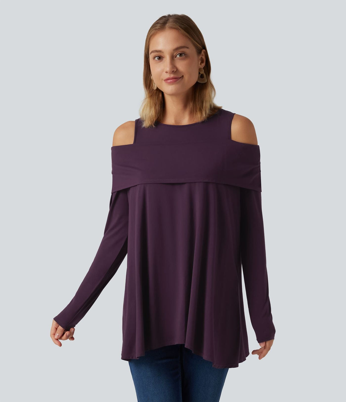 Round Neck Cold Shoulder Long Sleeve Casual Top