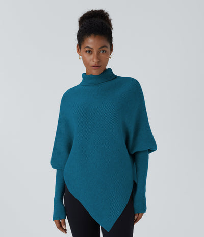 High Neck Long Sleeve Asymmetric Hem Work Sweater