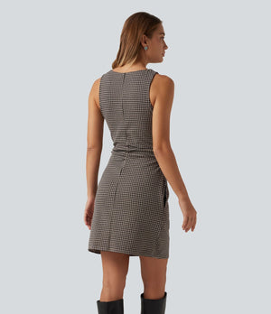 Boat Neck Sleeveless Gingham Casual Mini Dress with Pockets