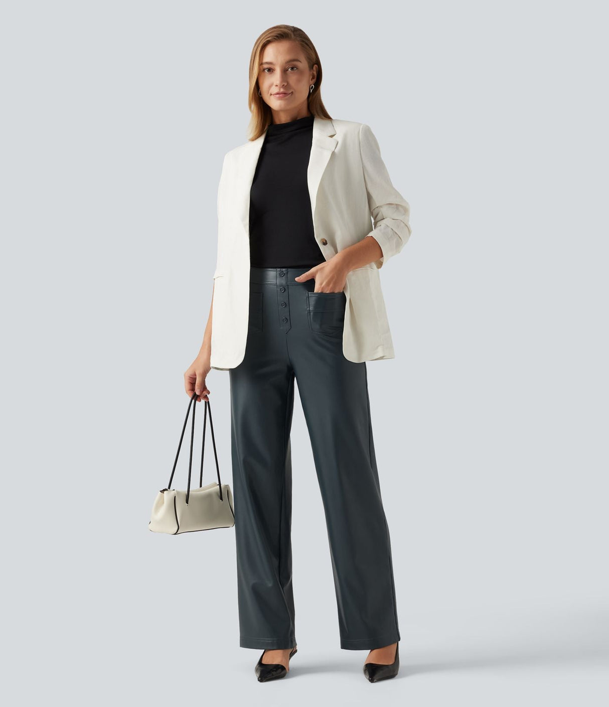 High Waisted PU Fleece Straight Leg Leather Pants