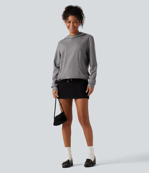 Ribbed Hooded Long Sleeve Casual Sweatshirt with Pocket