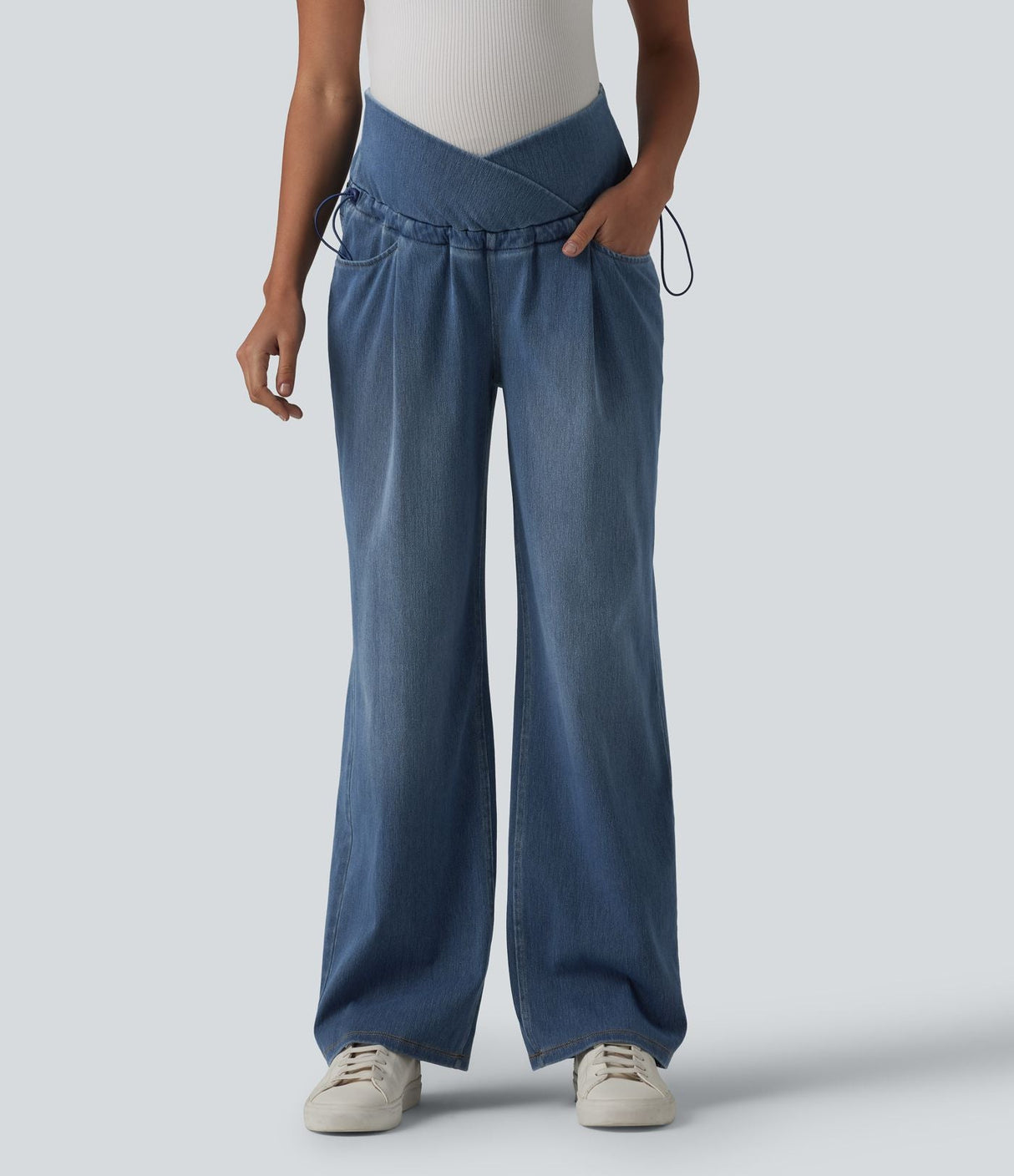 Crossover High Waisted Maternity Baggy Jeans with Pockets