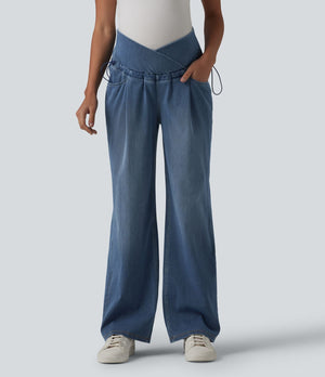 Crossover High Waisted Maternity Baggy Jeans with Pockets