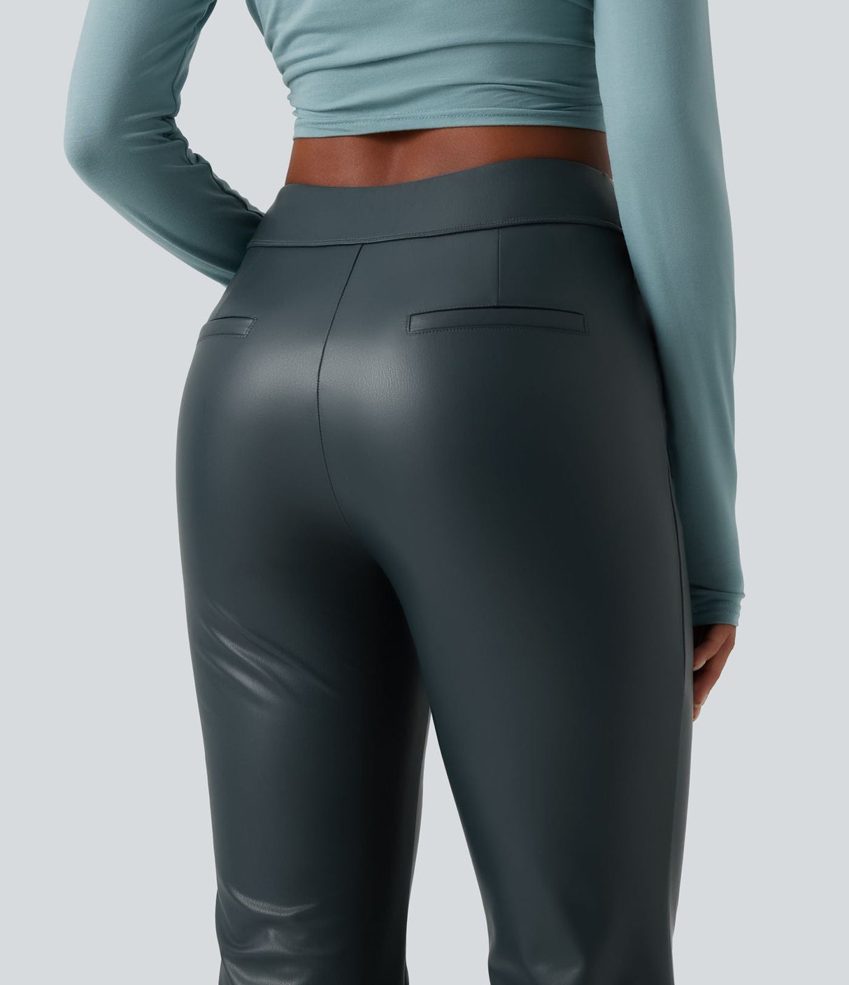 Mid Rise Stretchy PU Fleece Bootcut Pants with Pockets