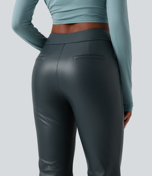 Mid Rise Stretchy PU Fleece Bootcut Pants with Pockets