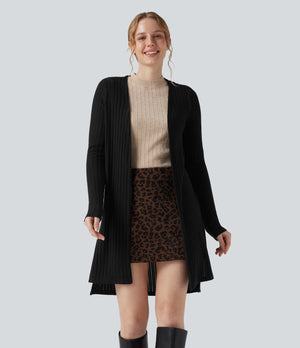 Ribbed Knit Long Sleeve Split Casual Cardigan