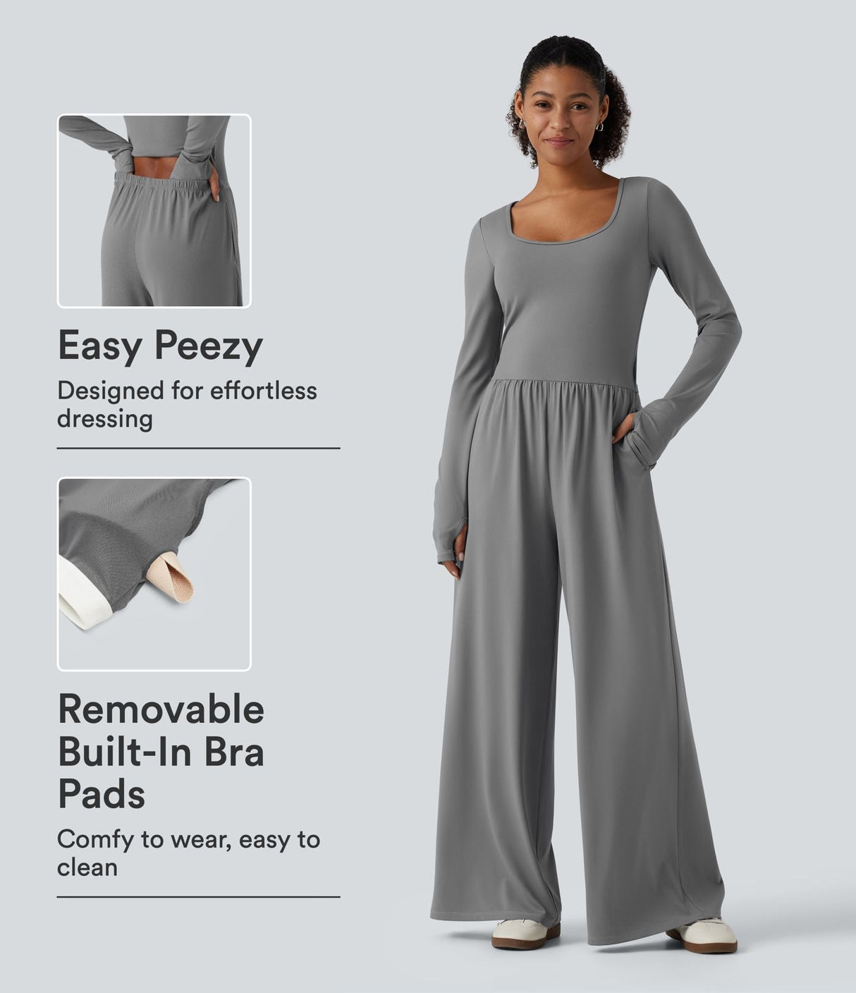 U Neck Long Sleeve Thumb Hole Wide Leg Jumpsuit