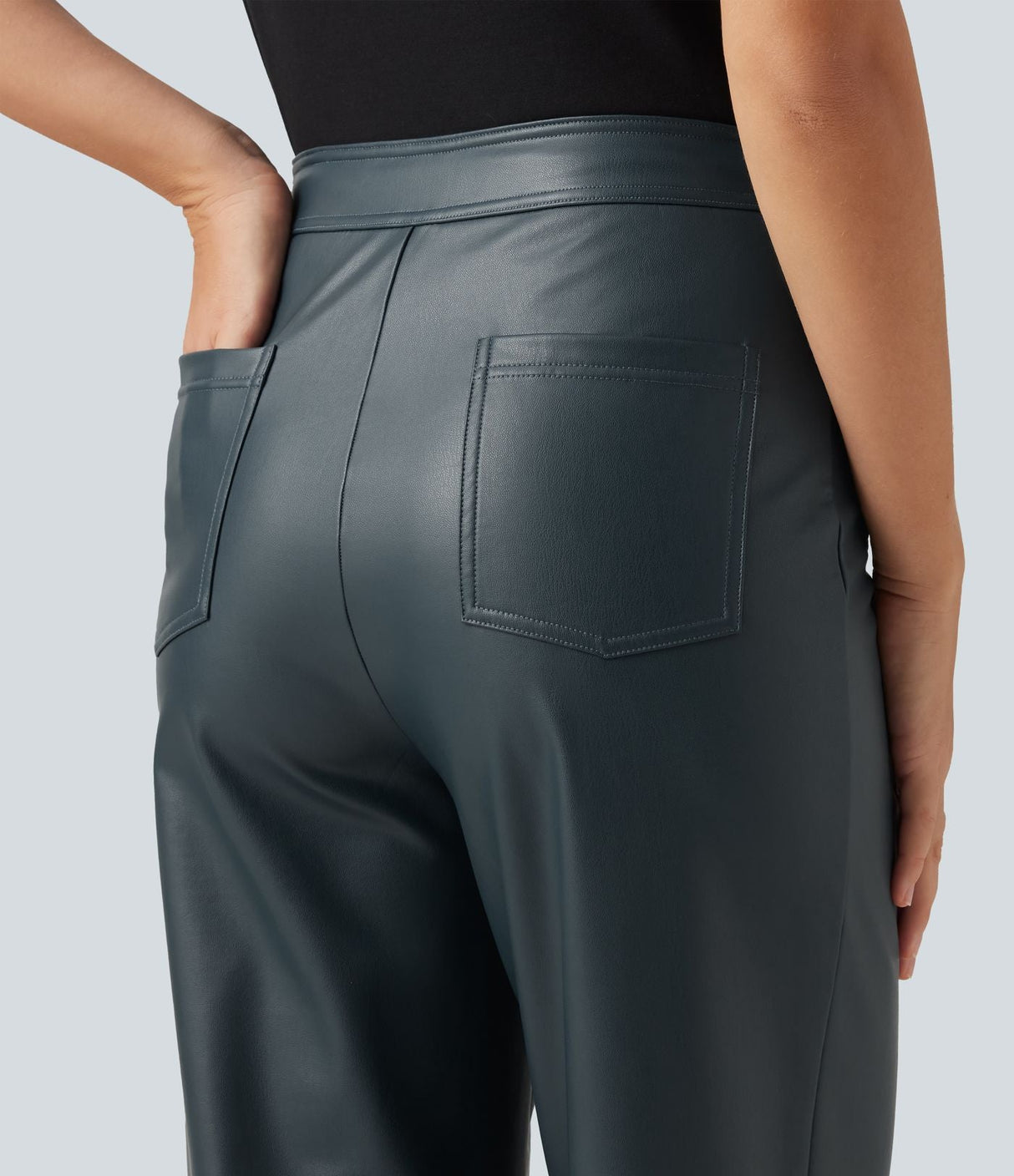 High Waisted PU Fleece Straight Leg Leather Pants