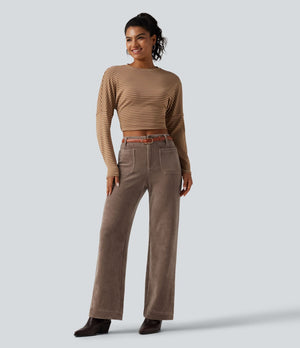 High Waisted Straight Leg Corduroy Pants with Pockets