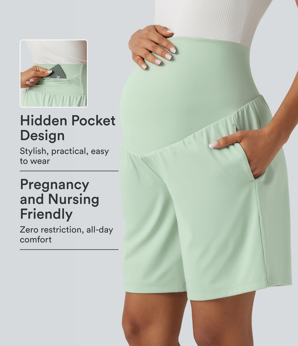 Super High Waisted Yoga Maternity Shorts 9'' with Pockets