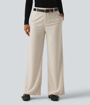 Mid Rise Wide Leg Corduroy Casual Pants with Pockets
