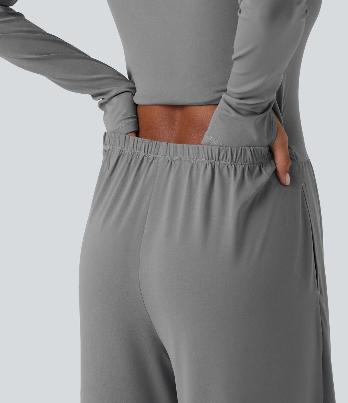 U Neck Long Sleeve Thumb Hole Wide Leg Jumpsuit