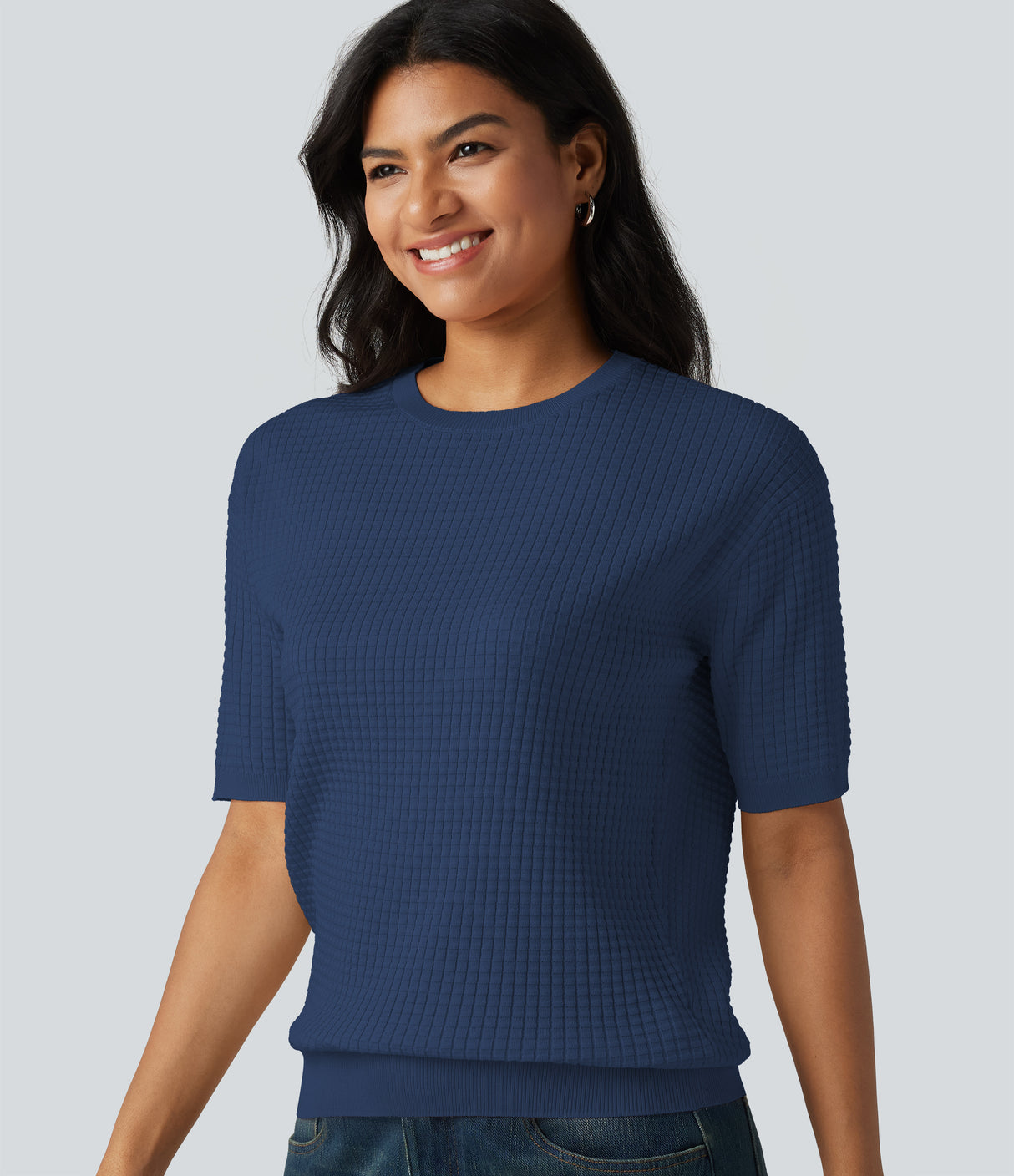 Round Neck Short Sleeve Waffle Casual Sweater