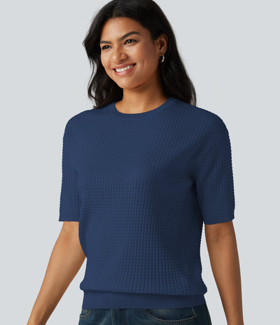 Round Neck Short Sleeve Waffle Casual Sweater