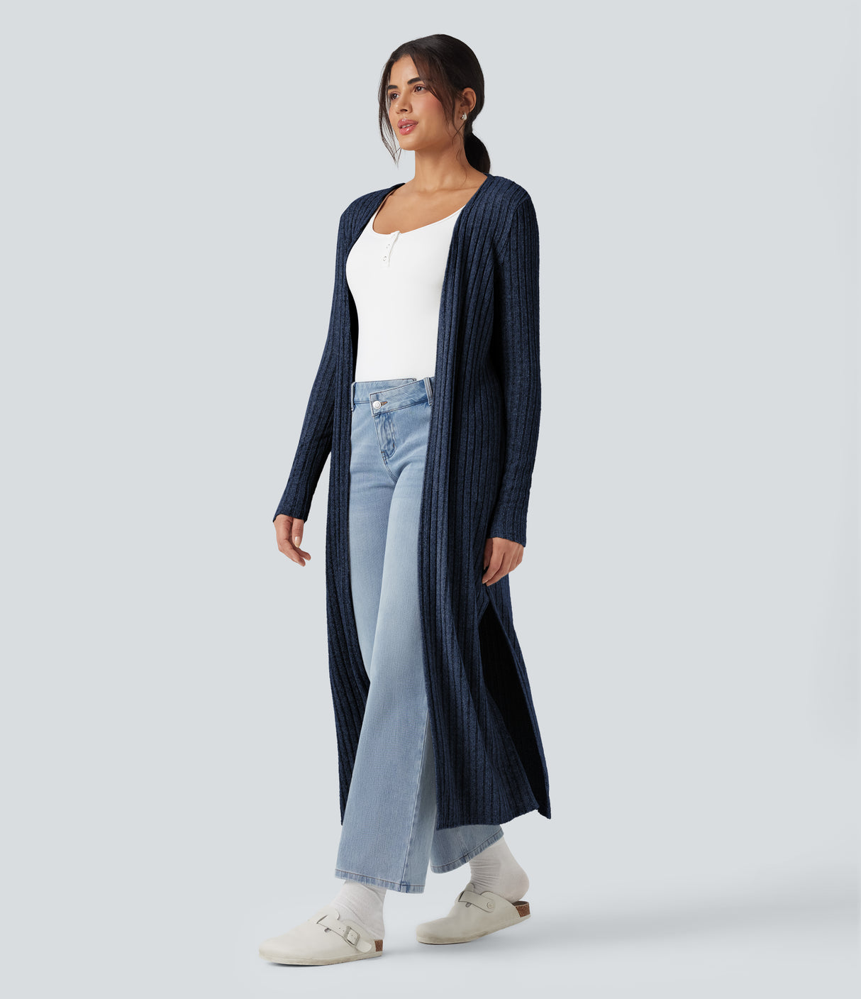 Ribbed Knit Long Sleeve Split Casual Longline Cardigan