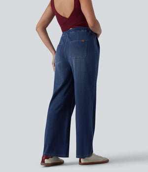 High Waisted Wide Leg Casual Maternity Jeans with Pockets