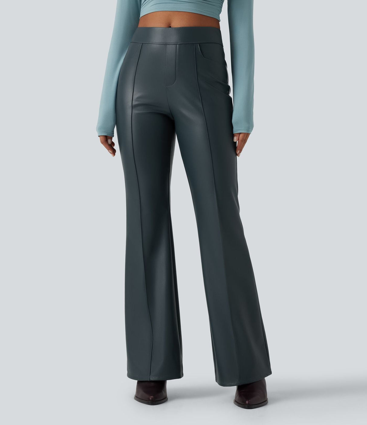 Mid Rise Stretchy PU Fleece Bootcut Pants with Pockets