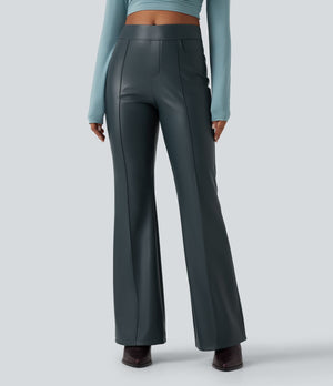 Mid Rise Stretchy PU Fleece Bootcut Pants with Pockets