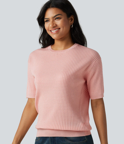 Round Neck Short Sleeve Waffle Casual Sweater
