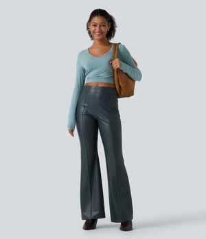 Mid Rise Stretchy PU Fleece Bootcut Pants with Pockets