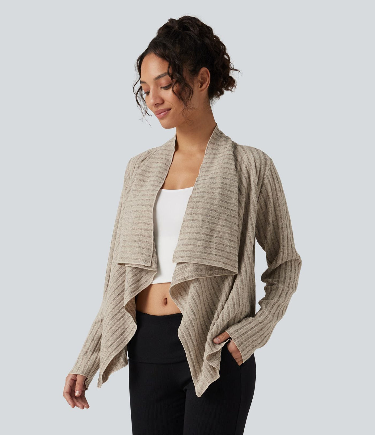 Ribbed Knit Collared Open Front Long Sleeve Casual Cardigan