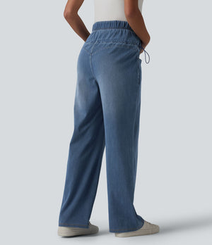 Crossover High Waisted Maternity Baggy Jeans with Pockets