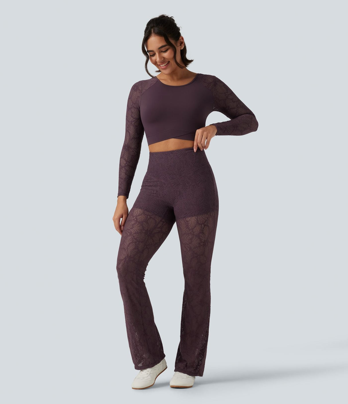 High Waisted Tummy Control Lace Yoga Flare Leggings