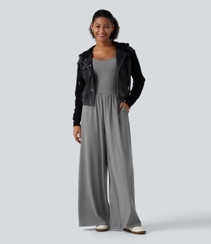 U Neck Long Sleeve Thumb Hole Wide Leg Jumpsuit