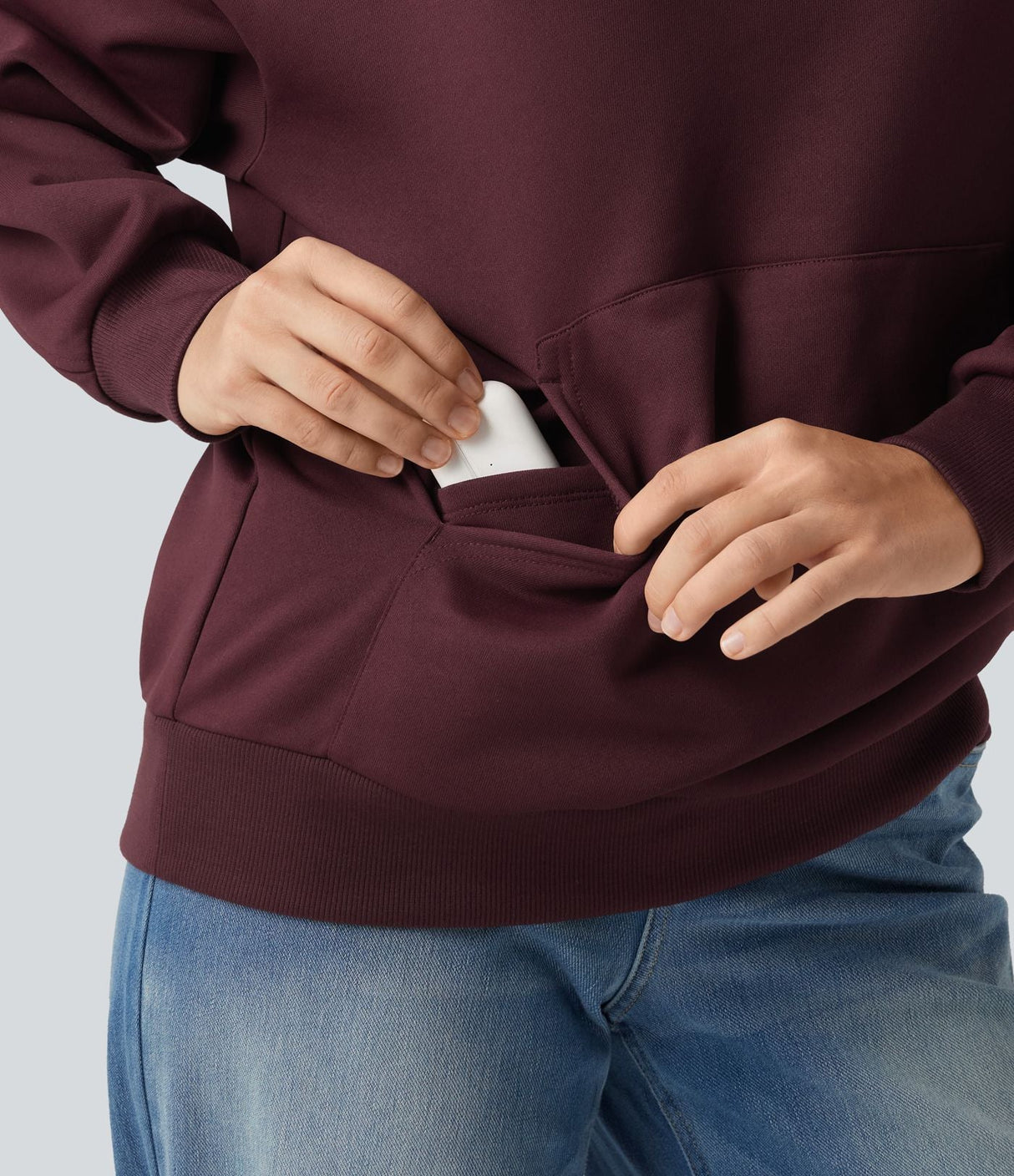 Hooded Dropped Long Sleeve Fleece Sweatshirt with Pocket