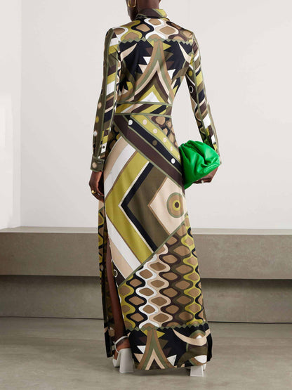 Abstract Long-Sleeve Maxi Dress