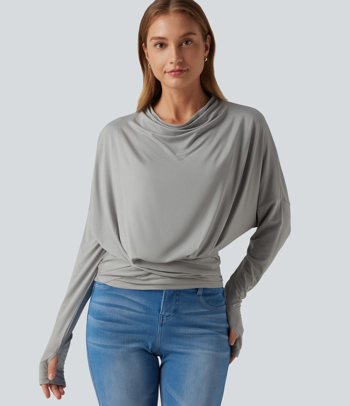 Cowl Neck Long Sleeve Thumb Hole Casual Top