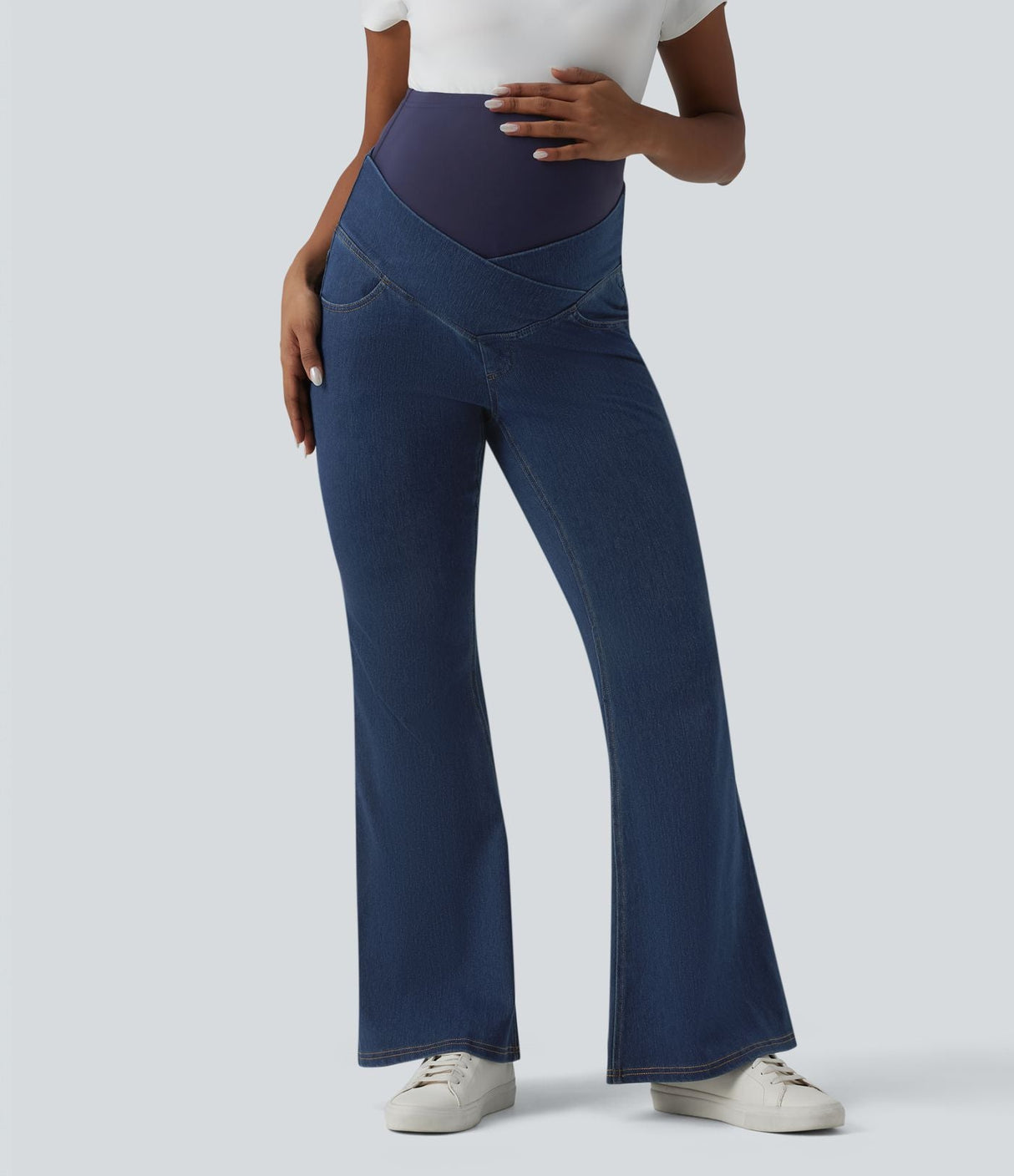 Super High Waisted Flare Maternity Jeans with Pockets