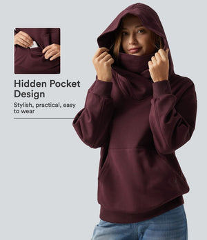 Hooded Dropped Long Sleeve Fleece Sweatshirt with Pocket
