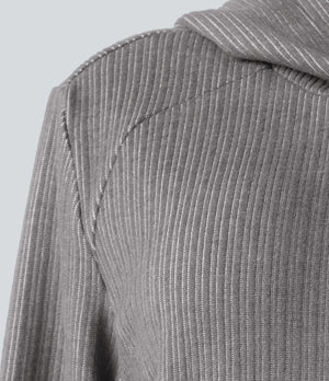 Ribbed Hooded Long Sleeve Casual Sweatshirt with Pocket
